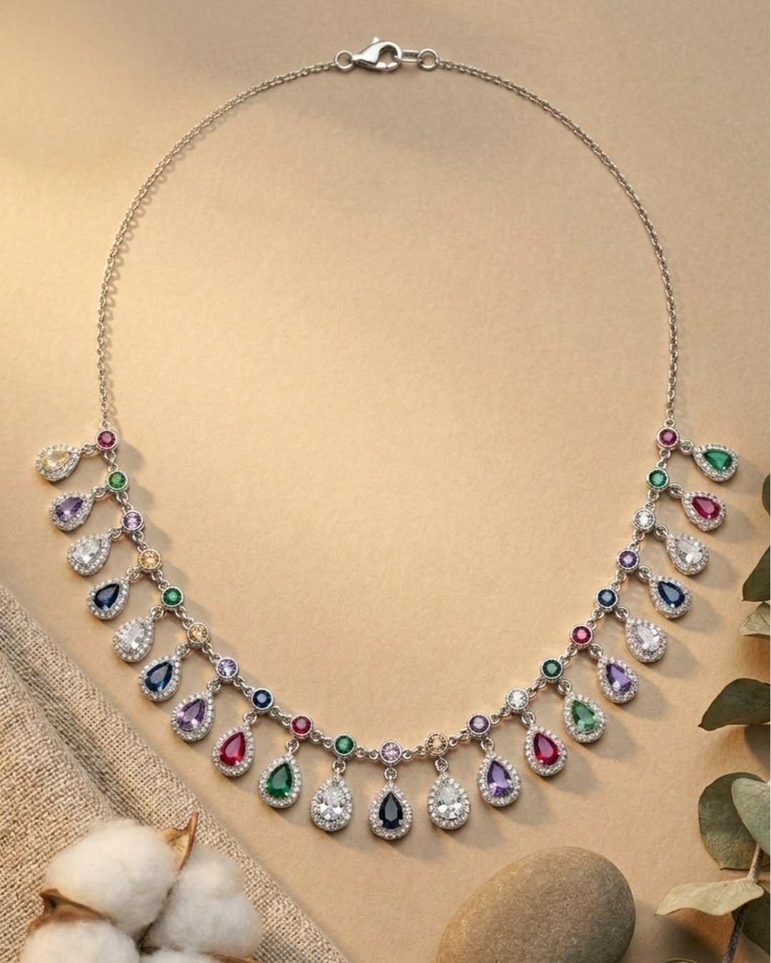 Luxe Multicolor Teardrop Statement Necklace – 925 Sterling Silver