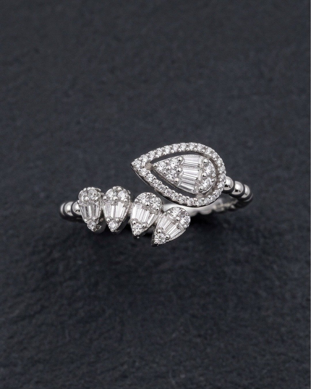 Dual Teardrop Sparkle Adjustable Ring – 925 Sterling Silver
