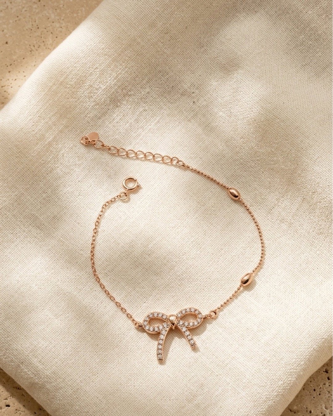 Elegant Bow Charm Bracelet – Rose Gold Finish (925 Sterling Silver)
