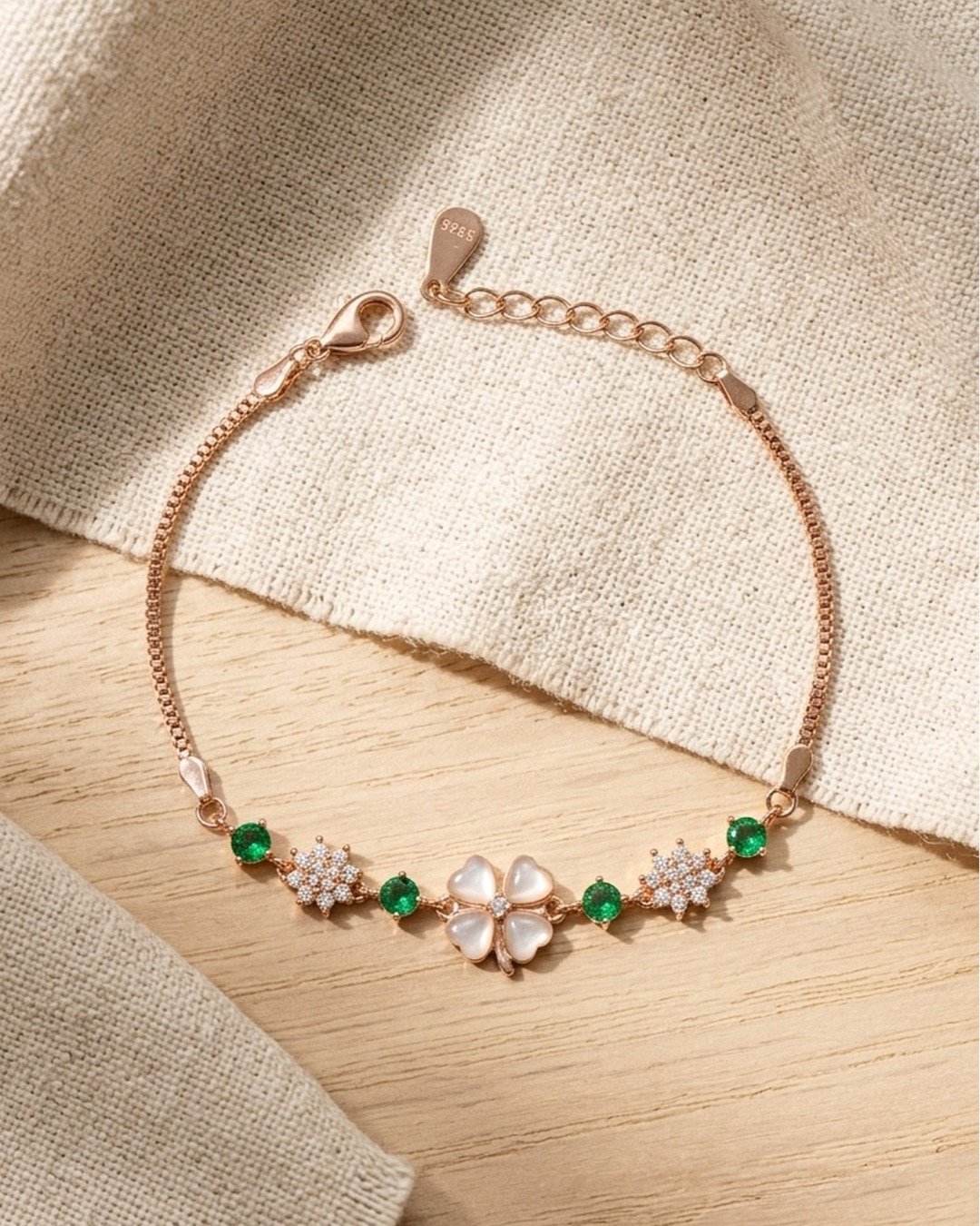 Clover Blossom Charm Bracelet – Rose Gold Finish (925 Sterling Silver)