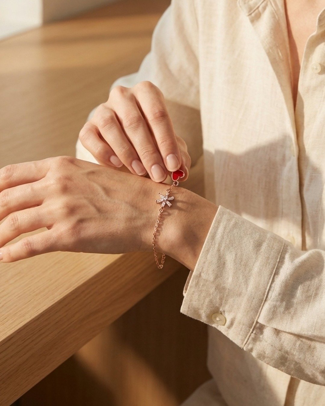 Starburst & Heart Charm Bracelet – Rose Gold Finish (925 Sterling Silver) — view 3