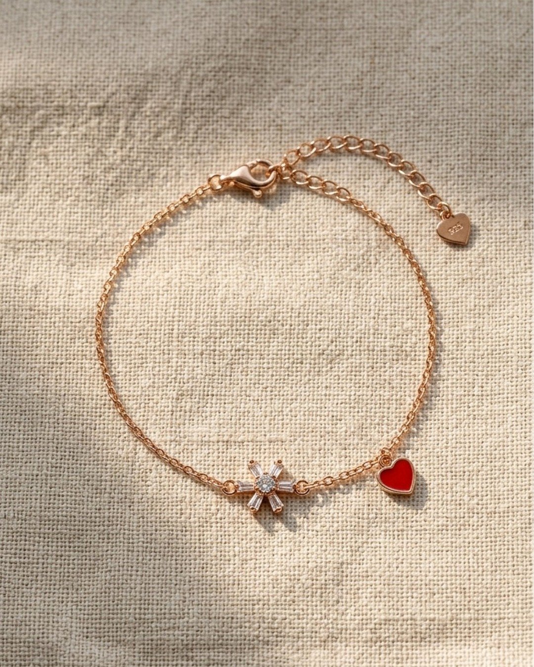 Starburst & Heart Charm Bracelet – Rose Gold Finish (925 Sterling Silver)