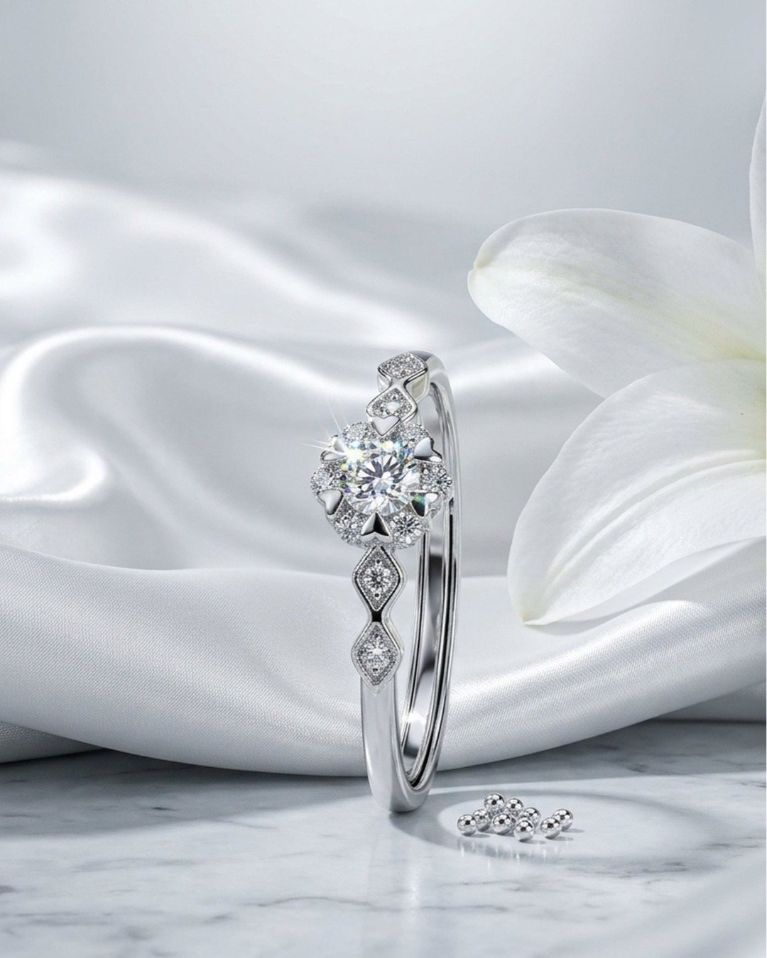 Floral Halo Spark Adjustable Ring – 925 Sterling Silver