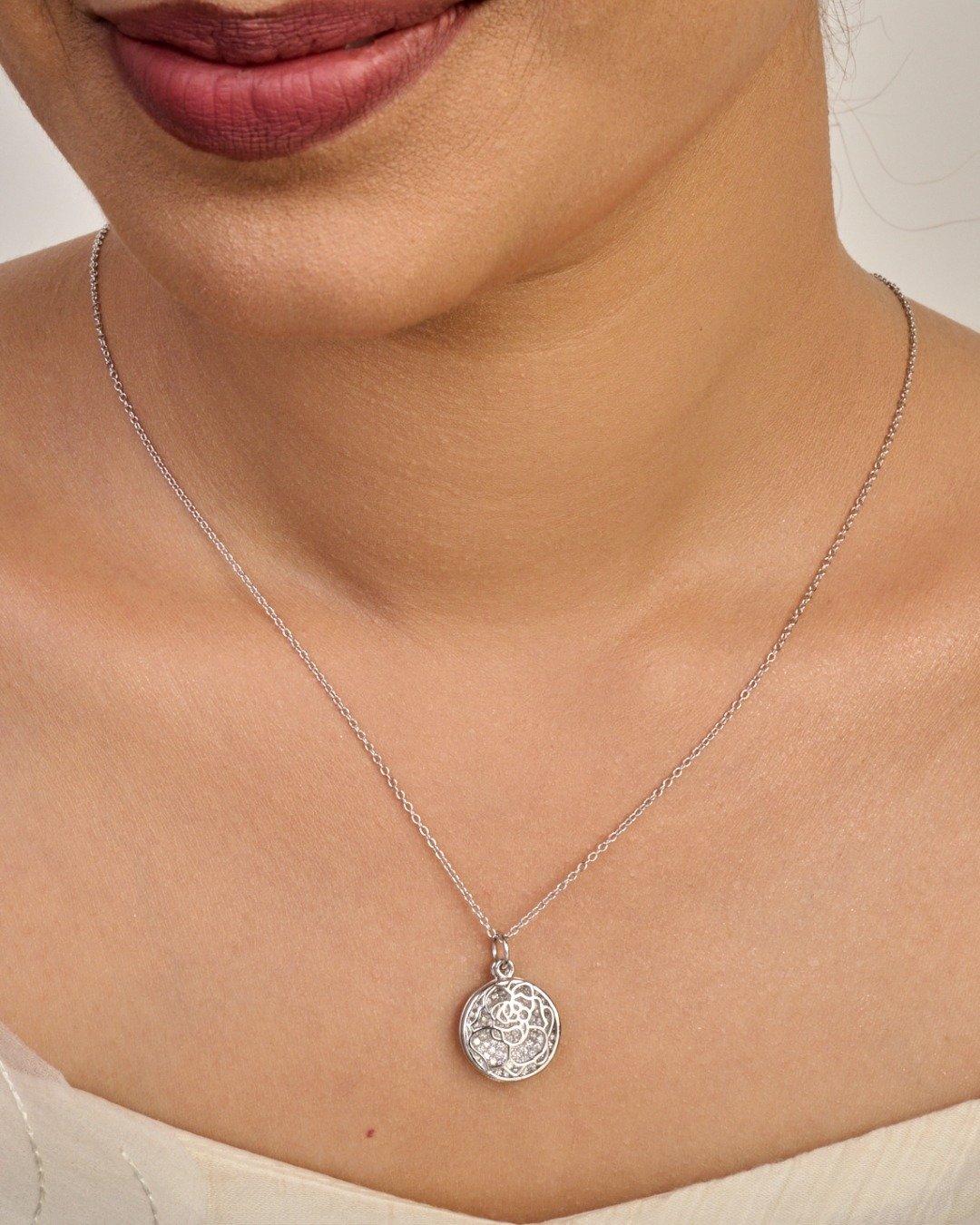 Dual Charm Floral Disc Pendant Necklace – 925 Sterling Silver — view 3