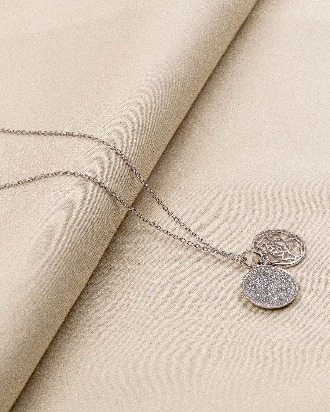 Dual Charm Floral Disc Pendant Necklace – 925 Sterling Silver