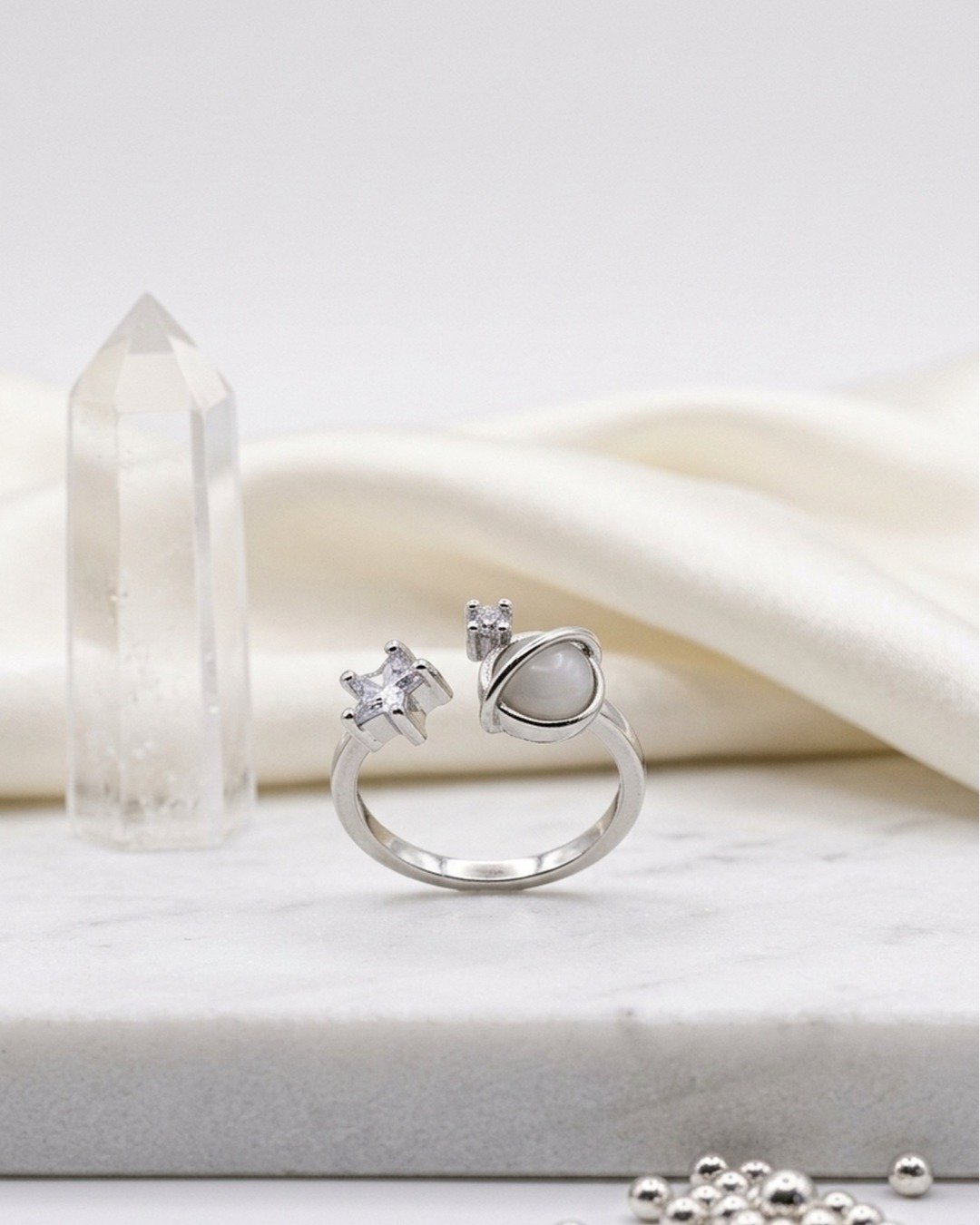 Celestial Star & Moon Adjustable Ring – 925 Sterling Silver