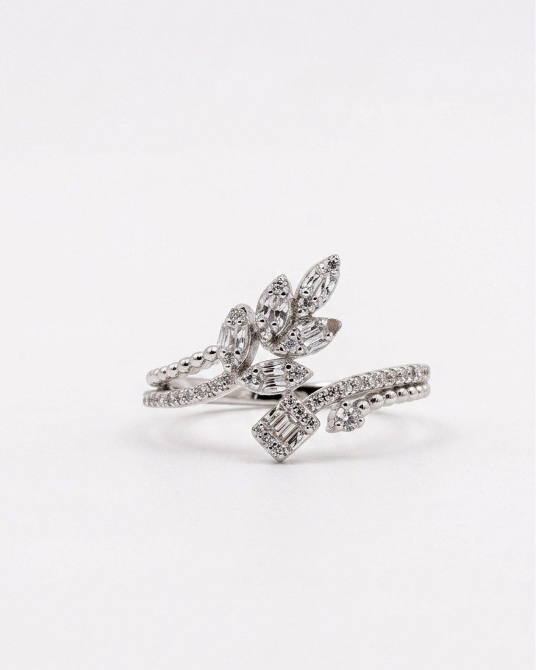 Dual Leaf & Baguette Spark Adjustable Ring – 925 Sterling Silver