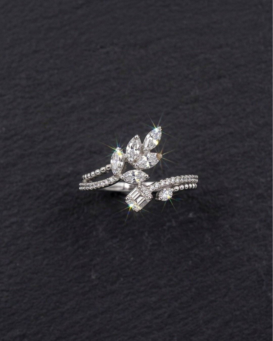 Dual Leaf & Baguette Spark Adjustable Ring – 925 Sterling Silver — view 4