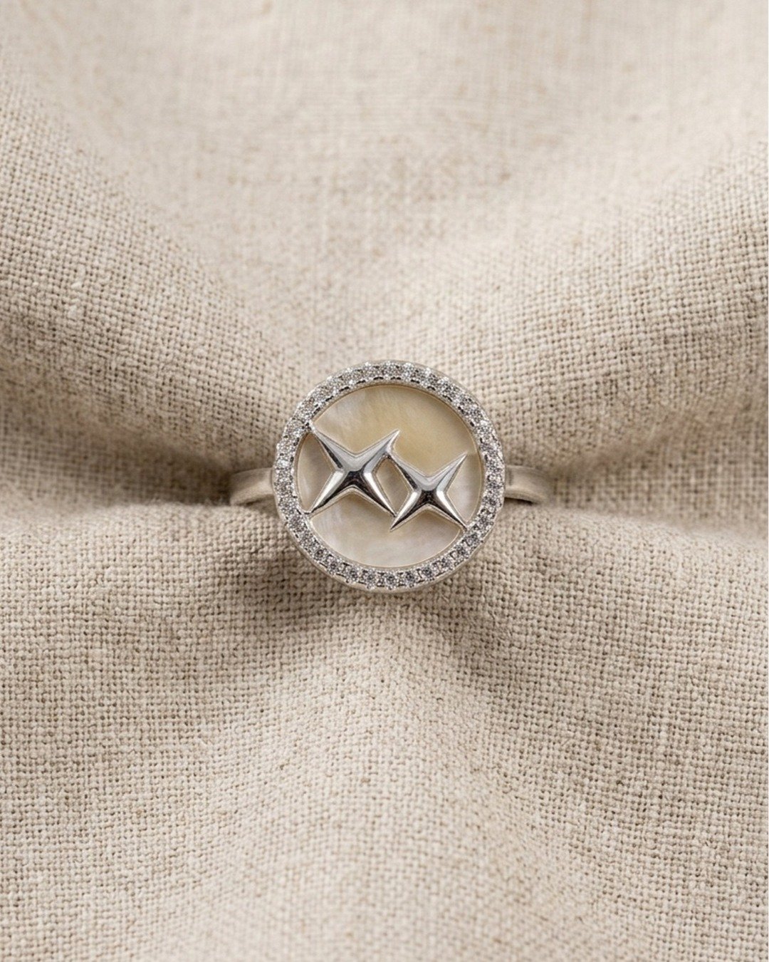 Twin Star Mother of Pearl Halo Adjustable Ring – 925 Sterling Silver