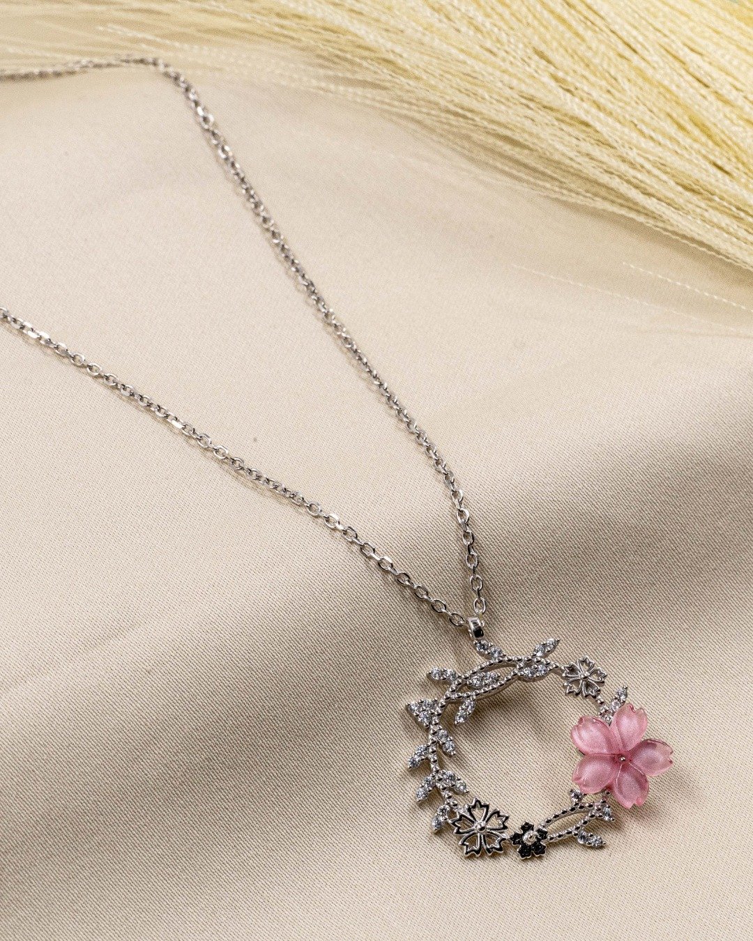 Pink Blossom Floral Wreath Pendant Necklace – 925 Sterling Silver — view 4