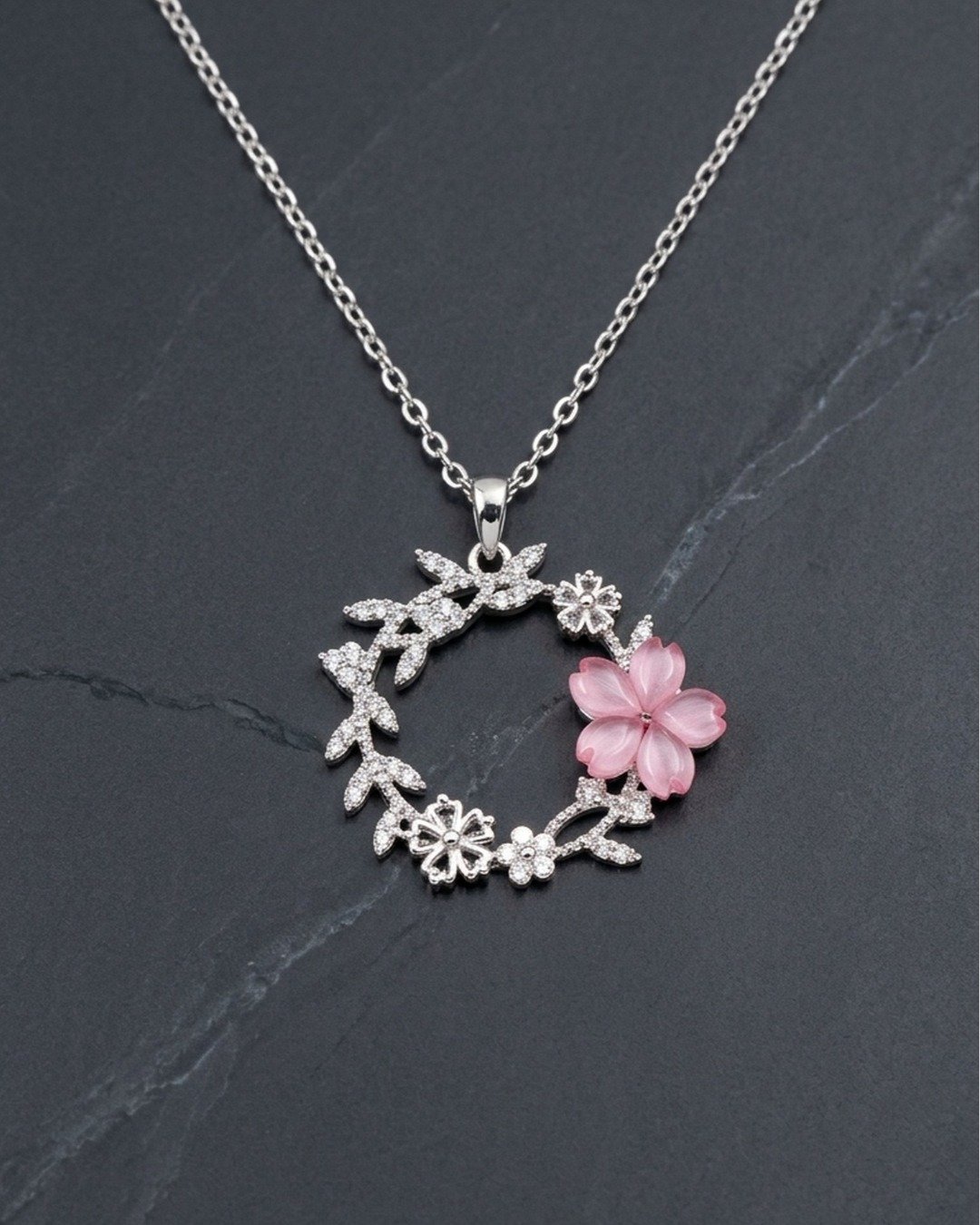 Pink Blossom Floral Wreath Pendant Necklace – 925 Sterling Silver — view 4