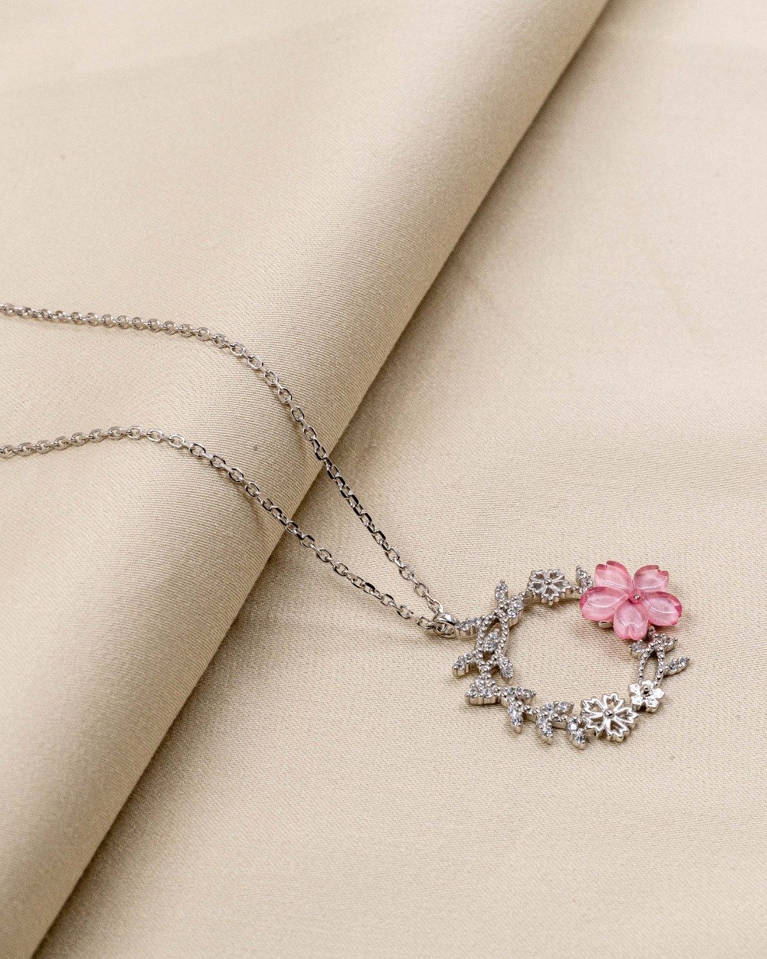 Pink Blossom Floral Wreath Pendant Necklace – 925 Sterling Silver