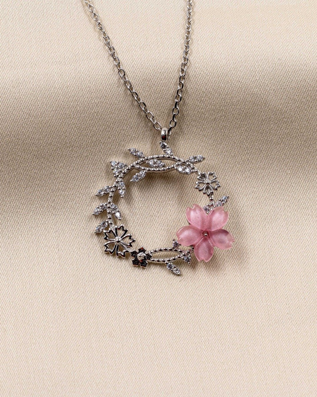 Pink Blossom Floral Wreath Pendant Necklace – 925 Sterling Silver — view 5