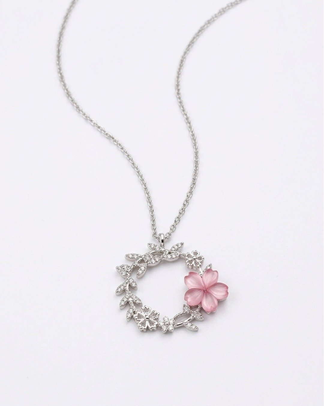 Pink Blossom Floral Wreath Pendant Necklace – 925 Sterling Silver