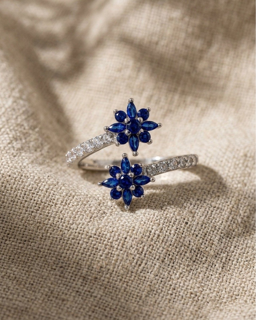 Royal Sapphire Blossom Adjustable Ring – 925 Sterling Silver