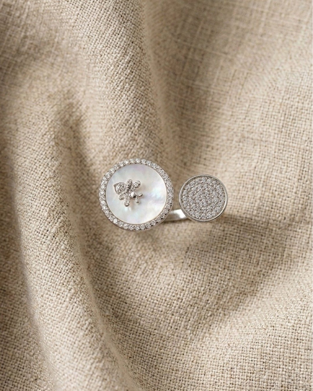 Dual Disc Mother of Pearl Luxe Adjustable Ring – 925 Sterling Silver