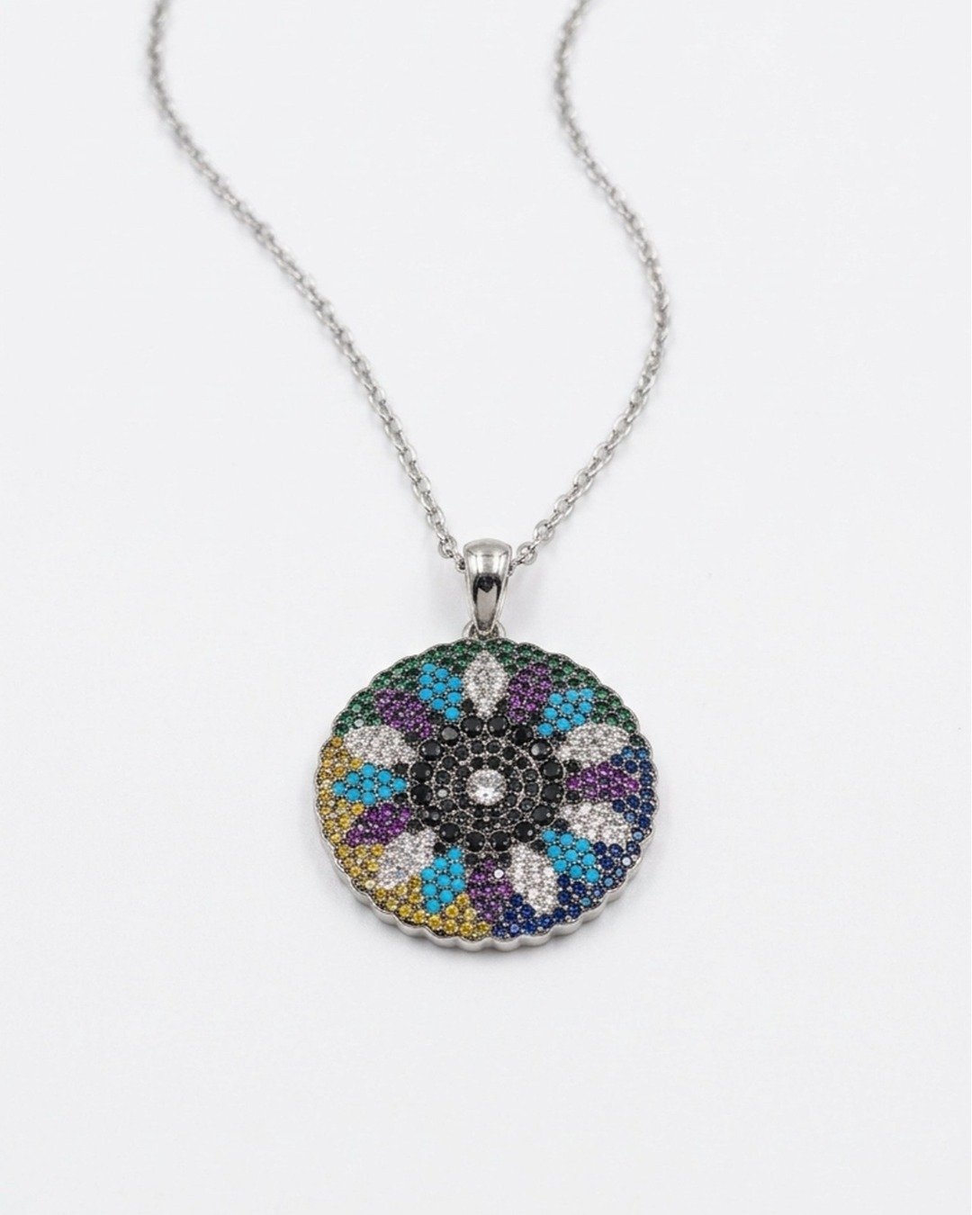 Multicolor Floral Medallion Pendant Necklace Set – 925 Sterling Silver