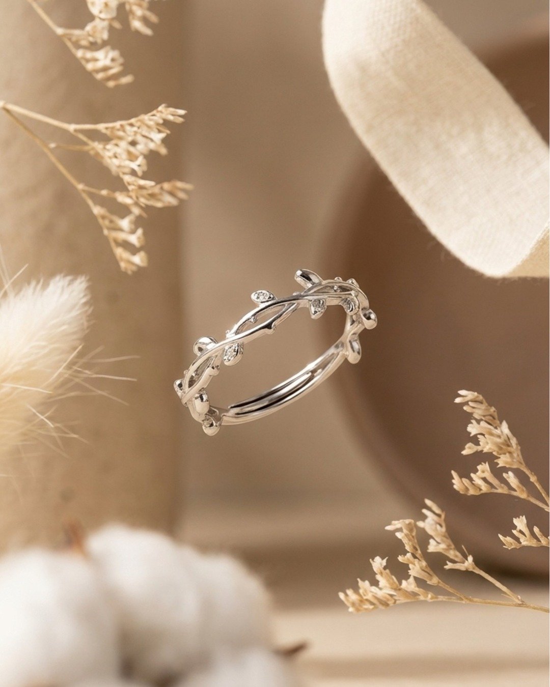 Minimal Vine Leaf Adjustable Ring – 925 Sterling Silver — view 5