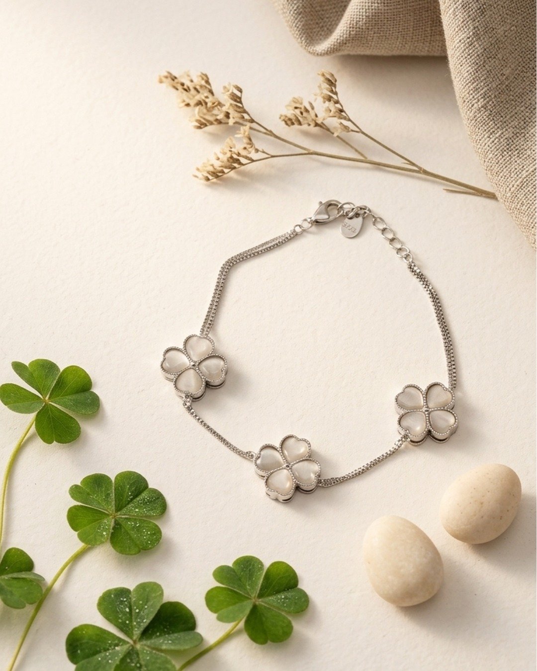 Mother of Pearl Triple Clover Bracelet – 925 Sterling Silver