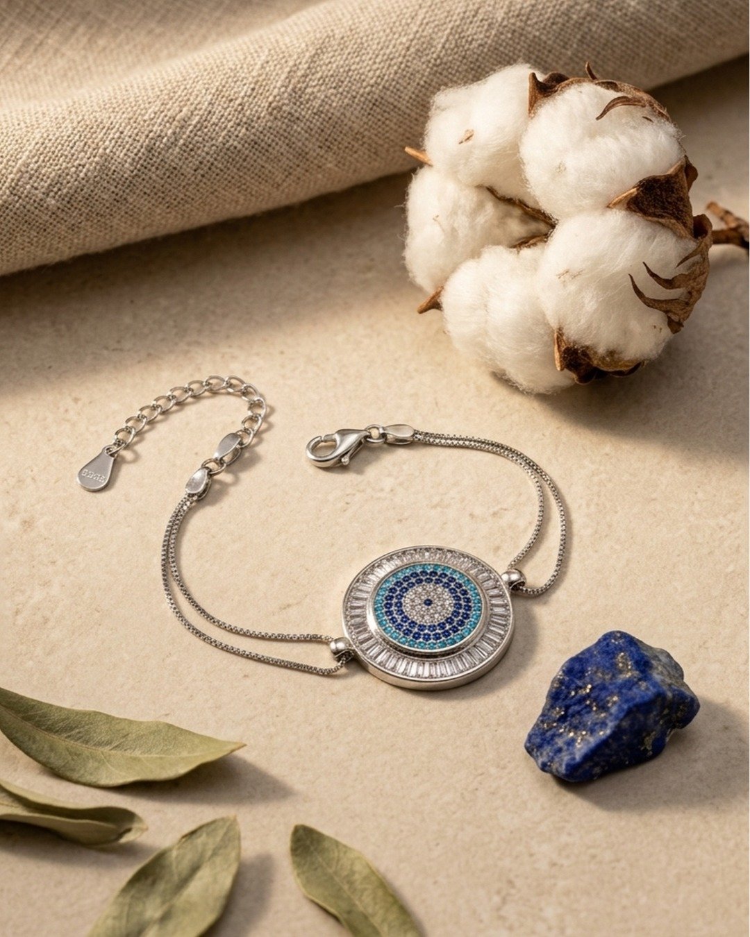 Blue Evil Eye Disc Bracelet – 925 Sterling Silver