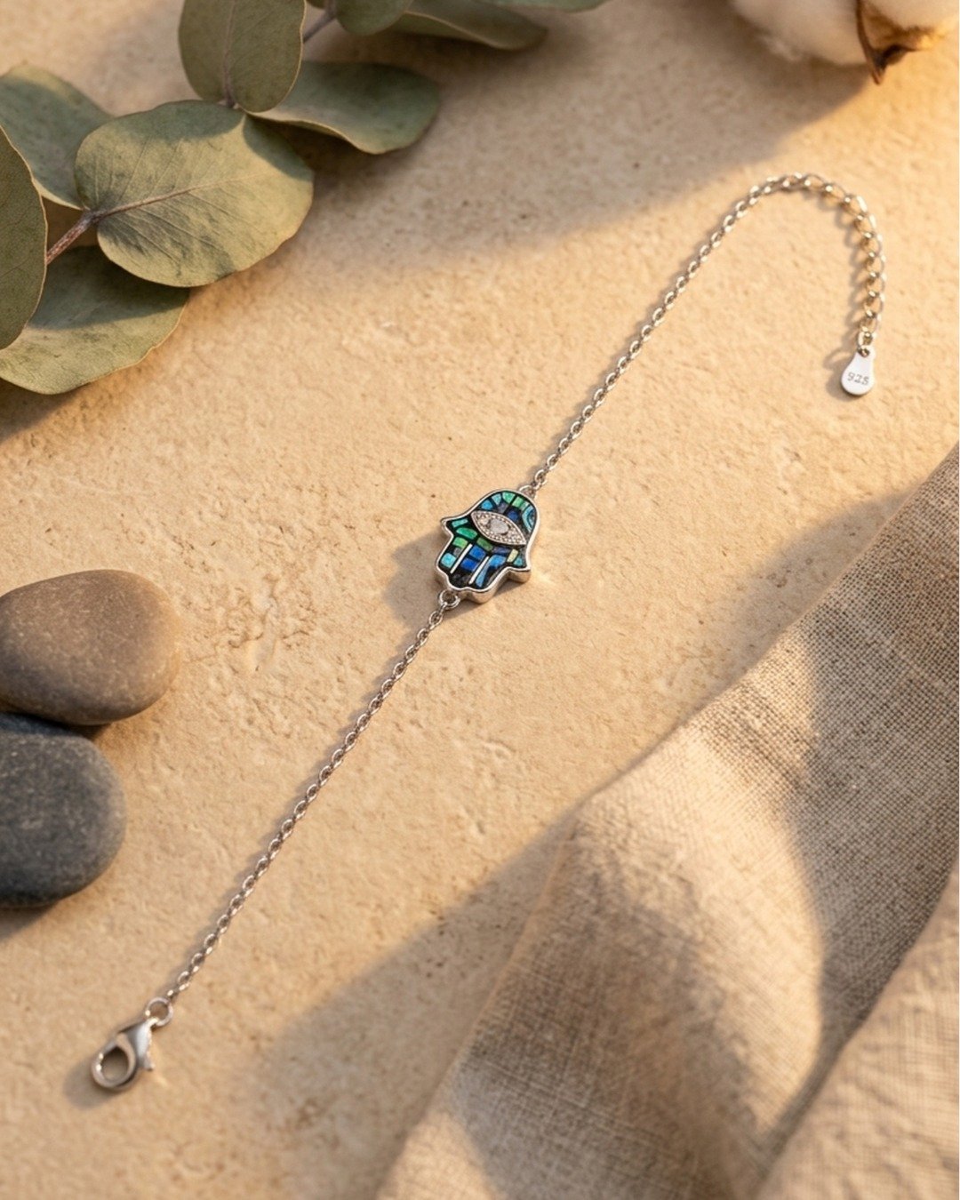 Hamsa Protection Bracelet with Abalone Inlay – 925 Sterling Silver