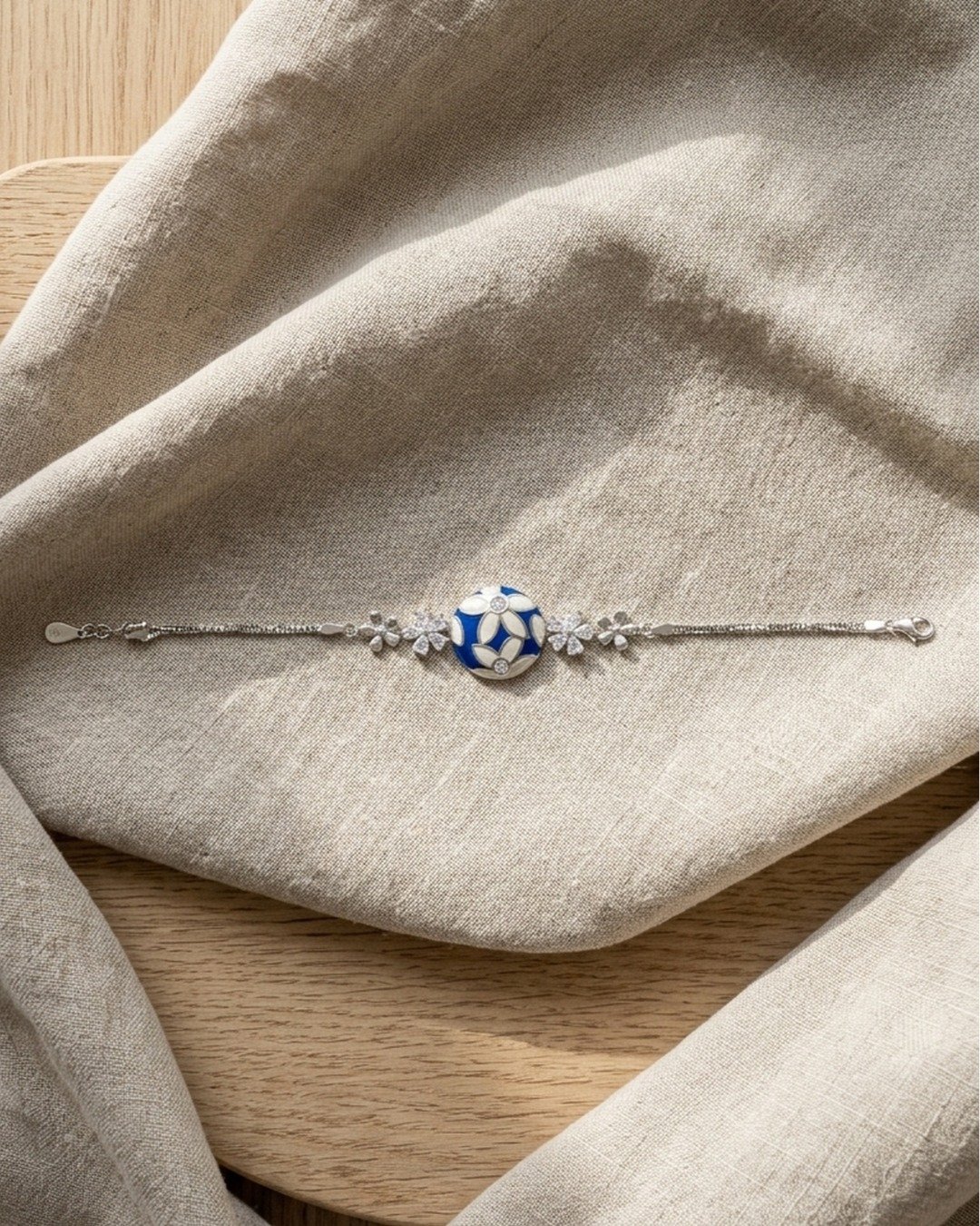 Blue Floral Enamel Charm Bracelet – 925 Sterling Silver — view 5