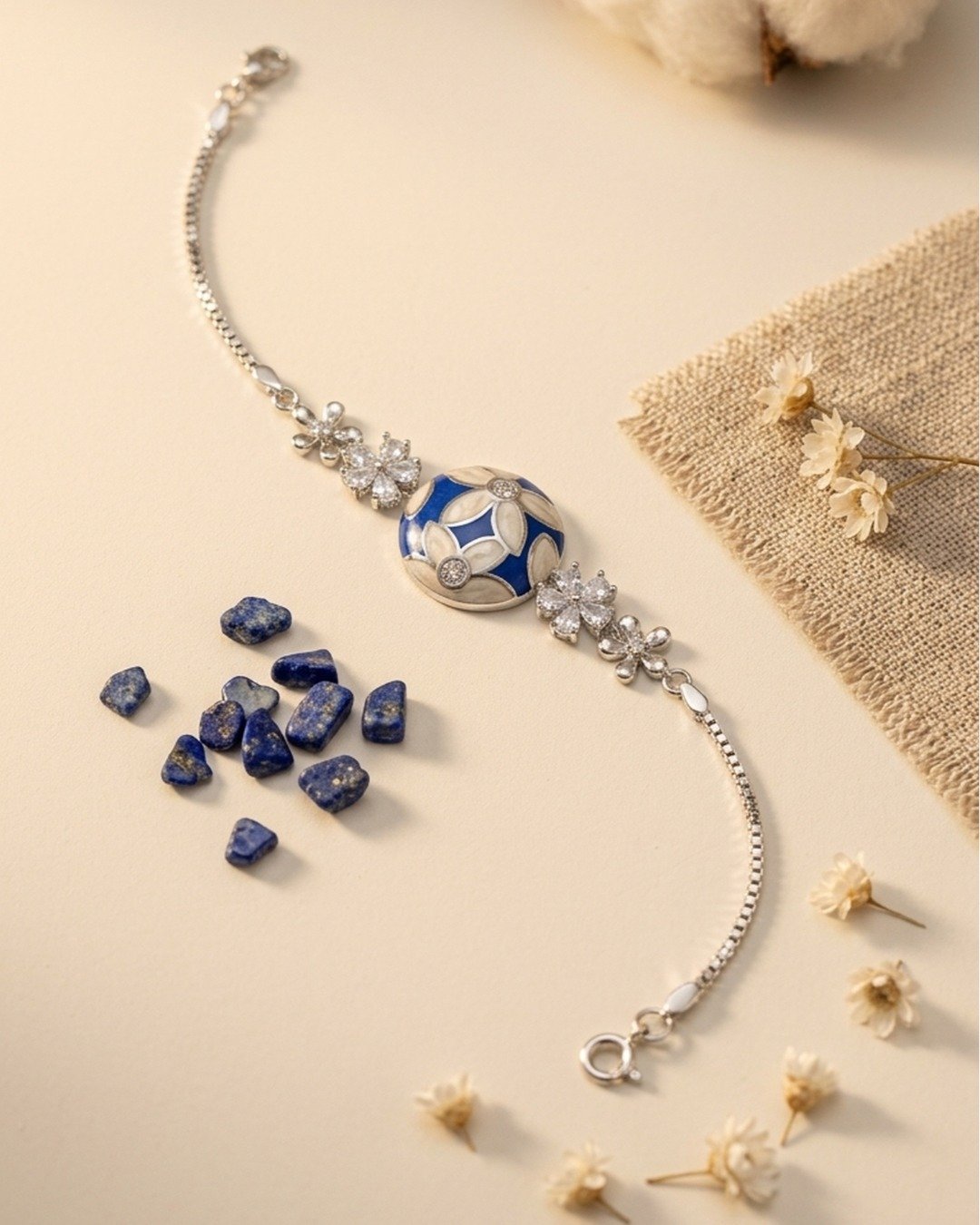 Blue Floral Enamel Charm Bracelet – 925 Sterling Silver