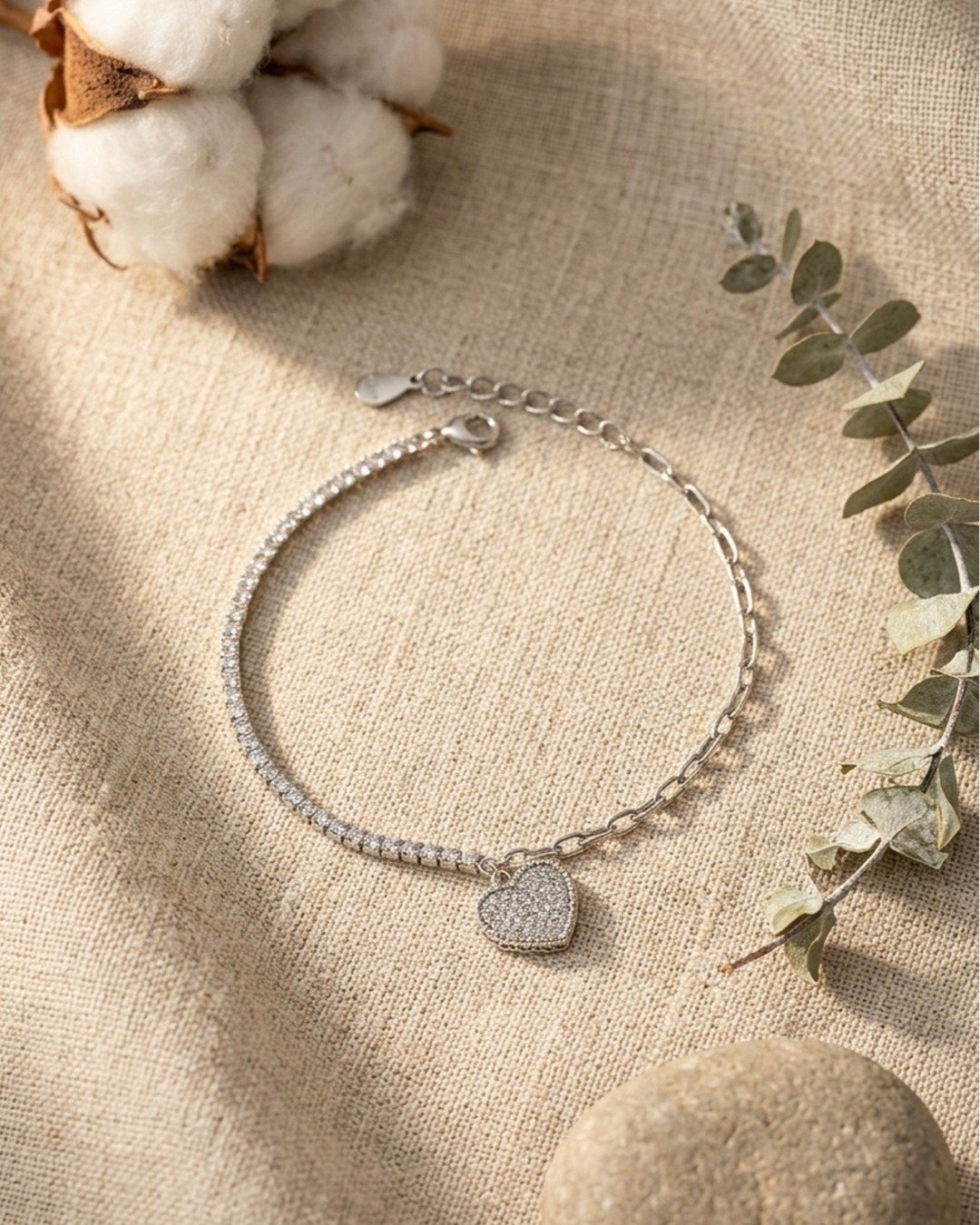 Pavé Heart Charm Tennis Bracelet – 925 Sterling Silver