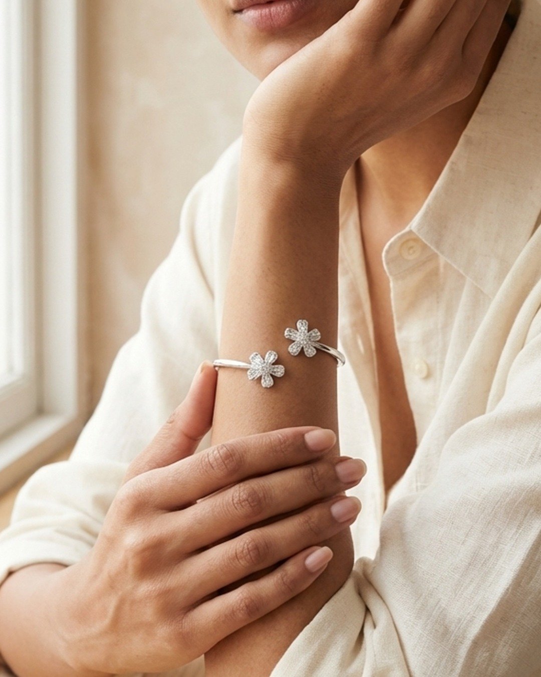 Floral Bloom Open Kada Bracelet – 925 Sterling Silver — view 5