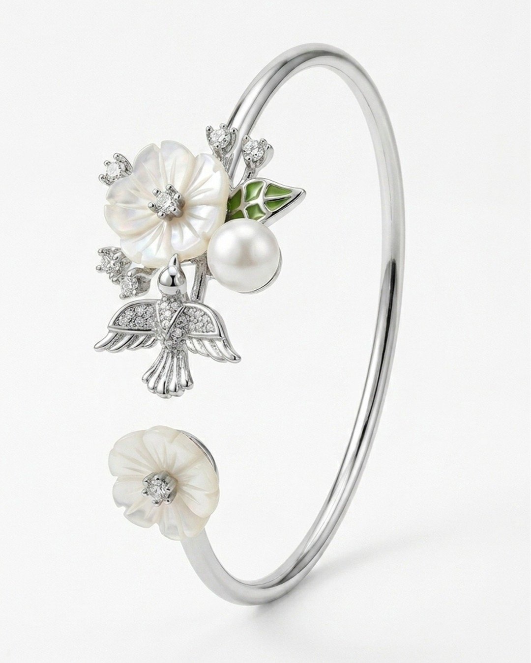 Floral Pearl & Butterfly Open Kada Bracelet – 925 Sterling Silver — view 4