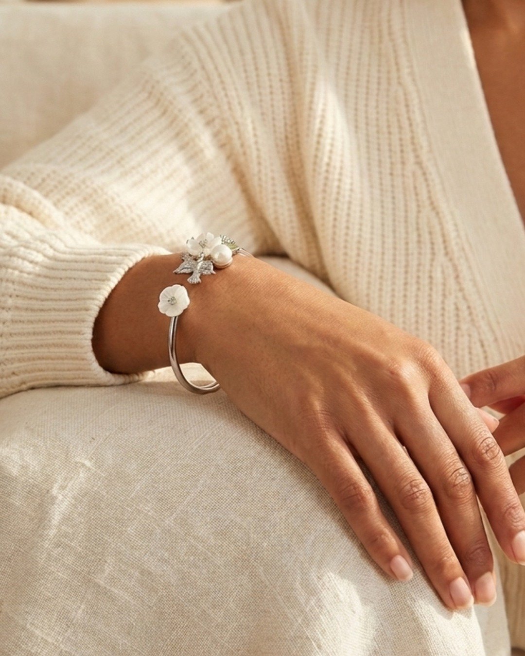 Floral Pearl & Butterfly Open Kada Bracelet – 925 Sterling Silver — view 5