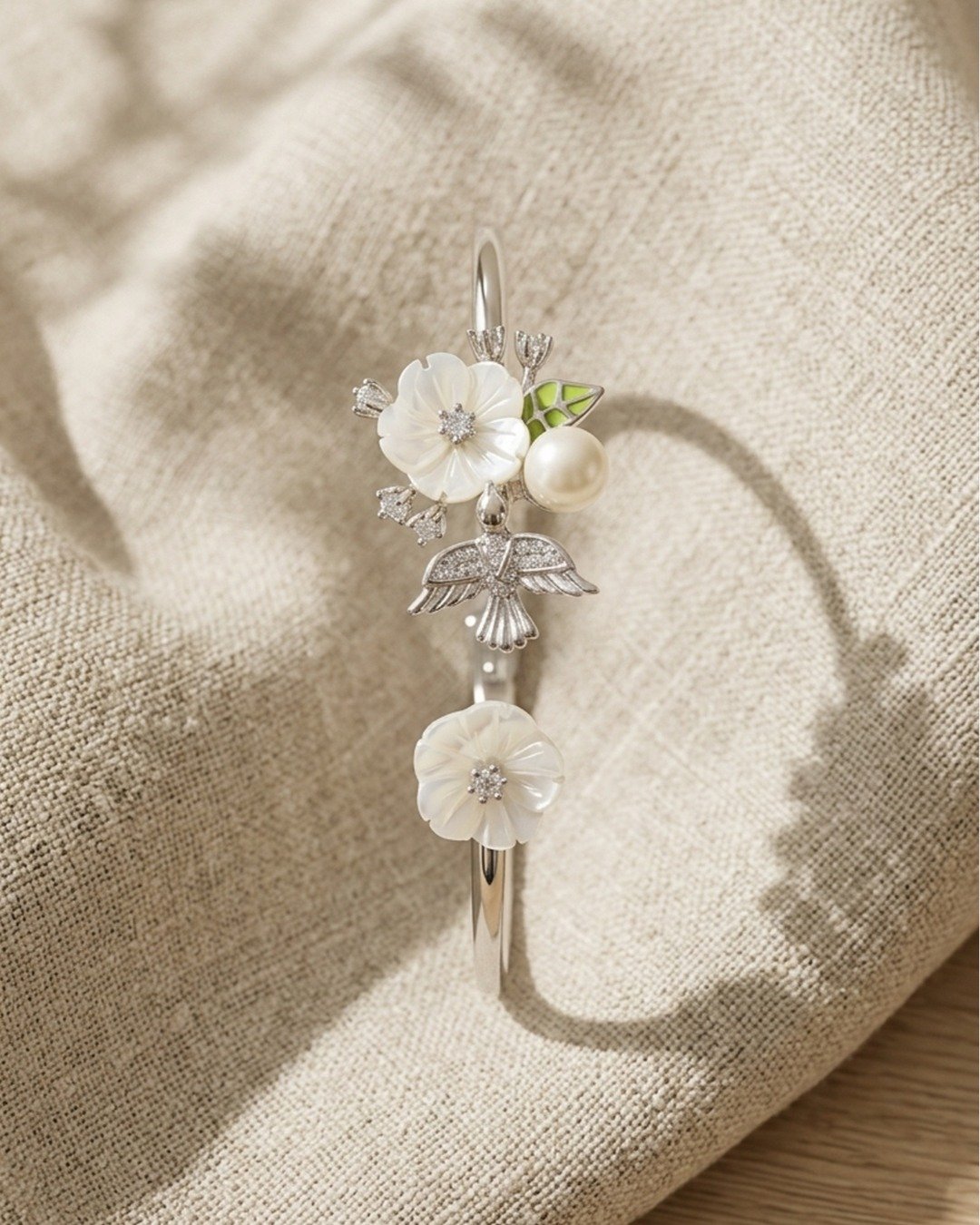 Floral Pearl & Butterfly Open Kada Bracelet – 925 Sterling Silver