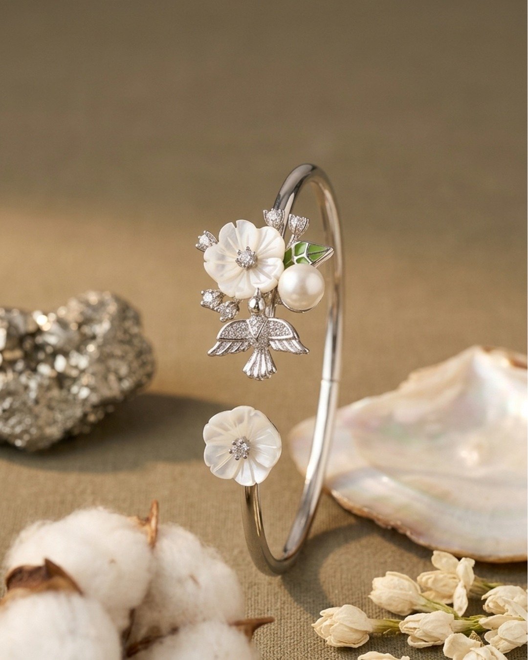 Floral Pearl & Butterfly Open Kada Bracelet – 925 Sterling Silver — view 3