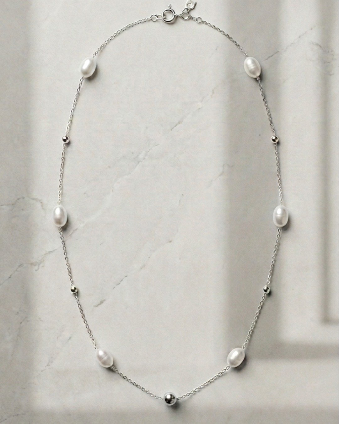 Minimal Pearl Chain Necklace – 925 Sterling Silver