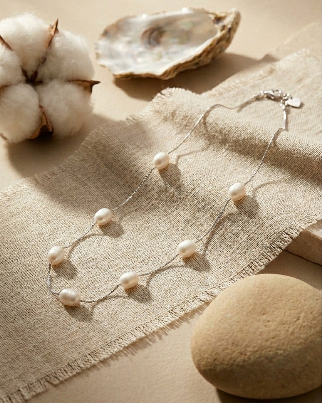 Oval Pearl Station Necklace – 925 Sterling Silver — view 4