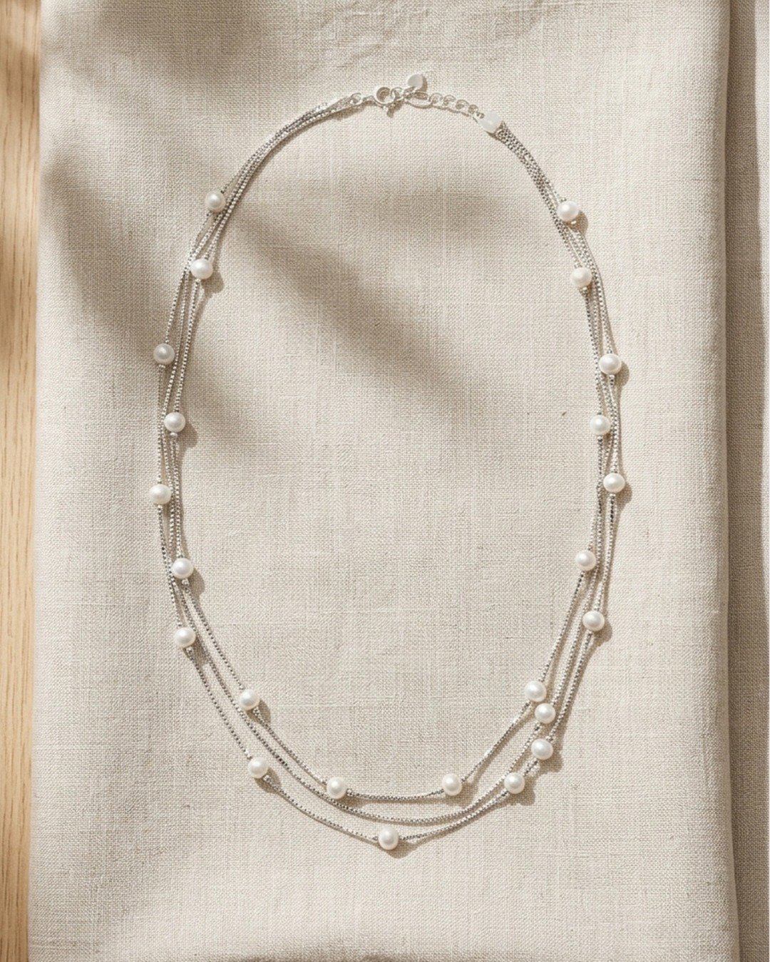 Triple Layer Pearl Chain Necklace – 925 Sterling Silver