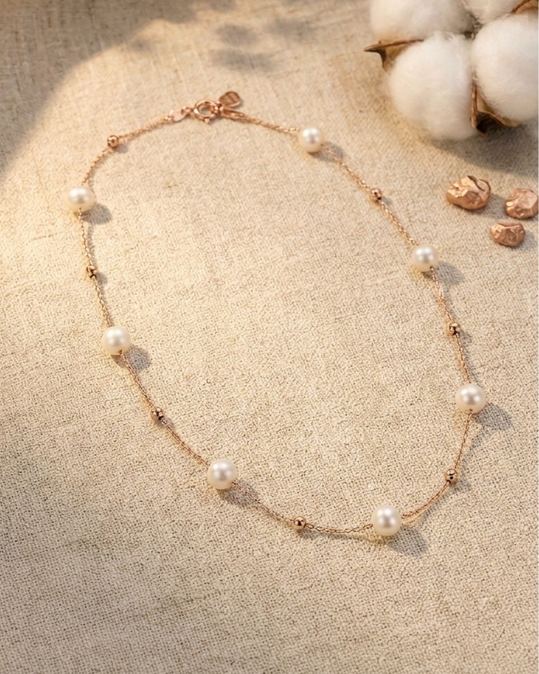 Classic Pearl Station Rose Gold Necklace – 925 Sterling Silver