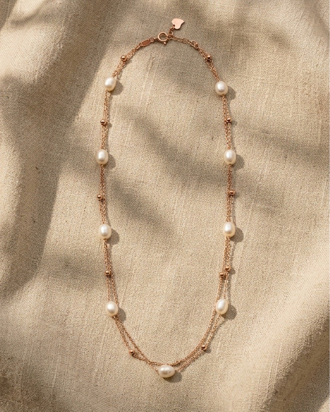 Double Chain Pearl Station Necklace – 925 Sterling Silver