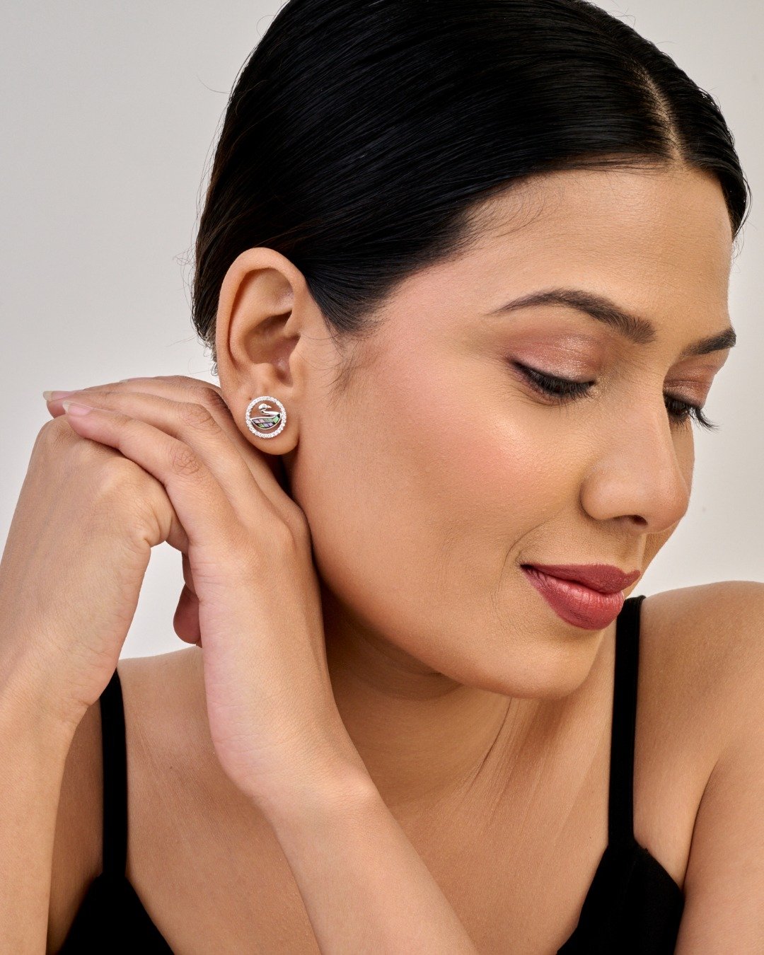 Swan Halo Enamel Stud Earrings — view 3