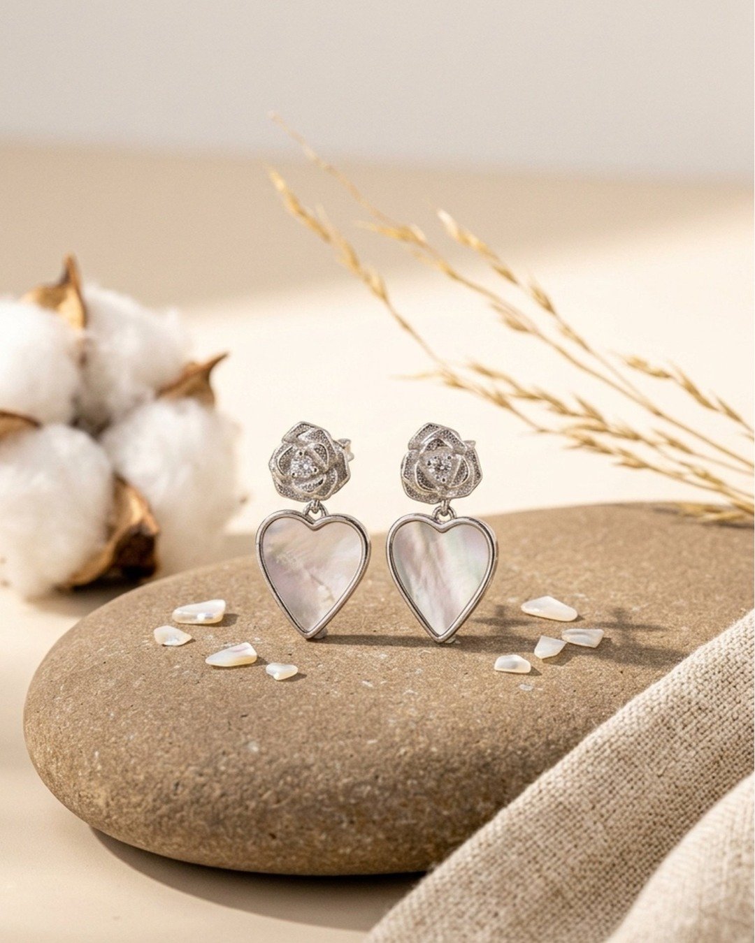 Pearl Heart Rose Drop Stud Earrings — view 4