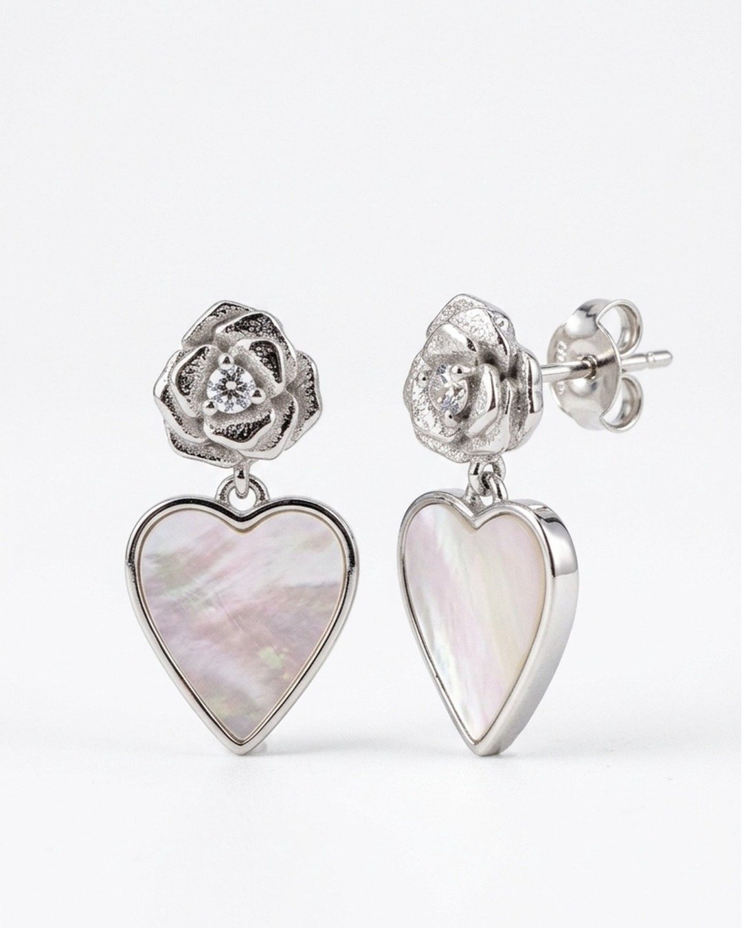 Pearl Heart Rose Drop Stud Earrings — view 5