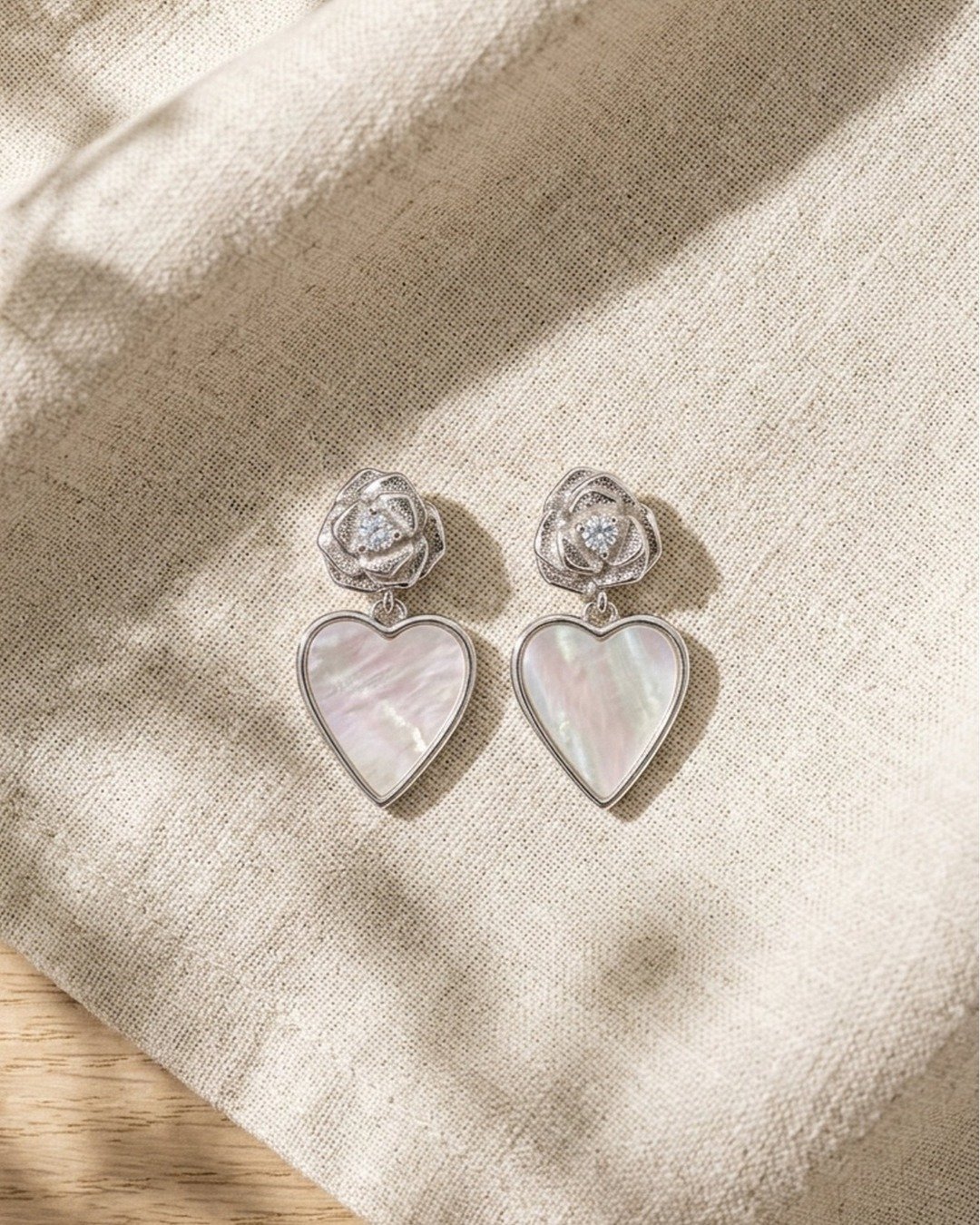 Pearl Heart Rose Drop Stud Earrings