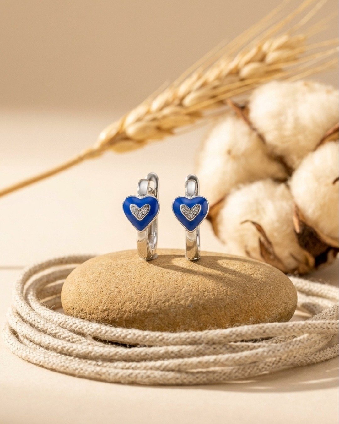 Blue Heart Enamel Silver Hoops