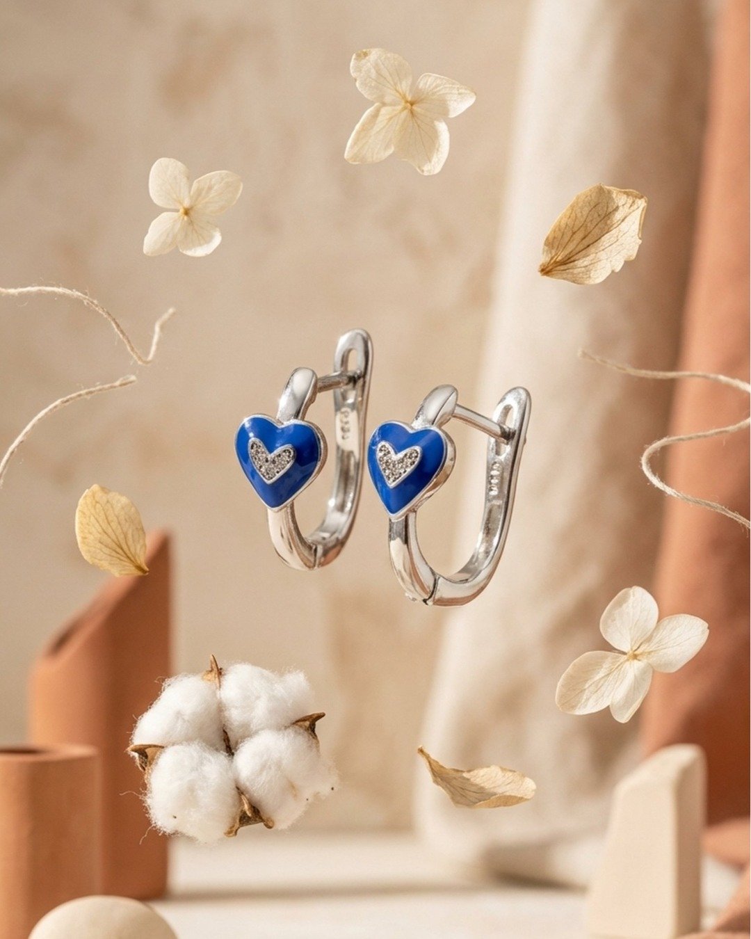 Blue Heart Enamel Silver Hoops — view 6