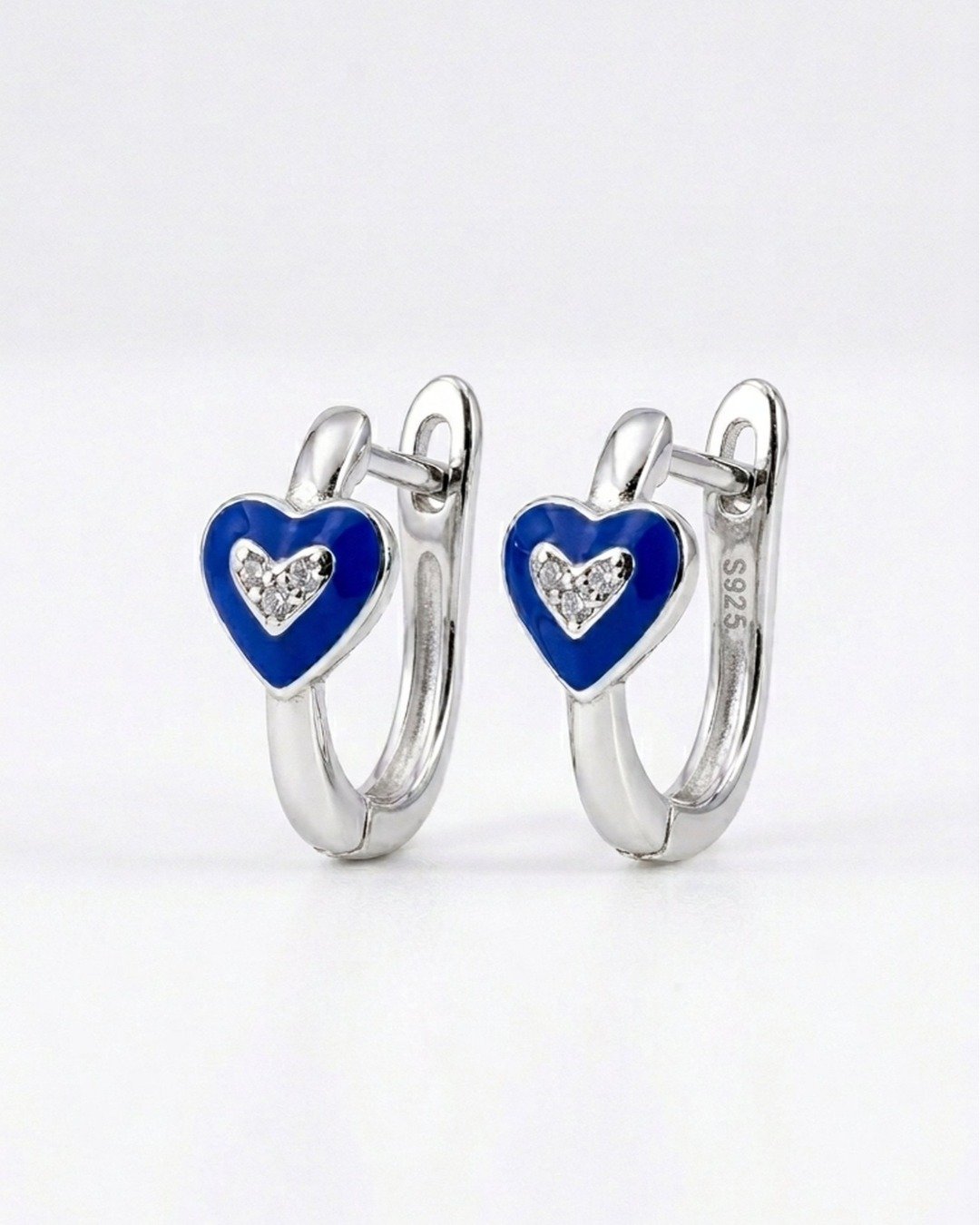 Blue Heart Enamel Silver Hoops — view 4
