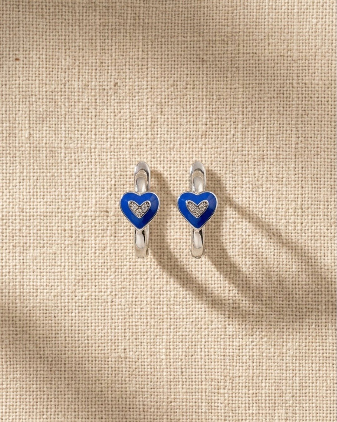 Blue Heart Enamel Silver Hoops — view 5