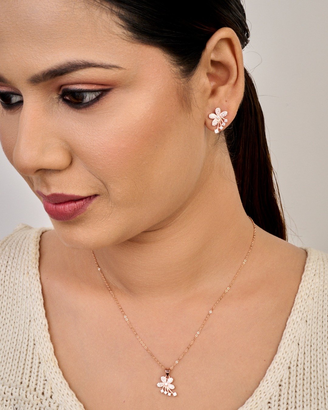 Rose Gold Floral Drop Pendant Set – 925 Sterling Silver — view 3