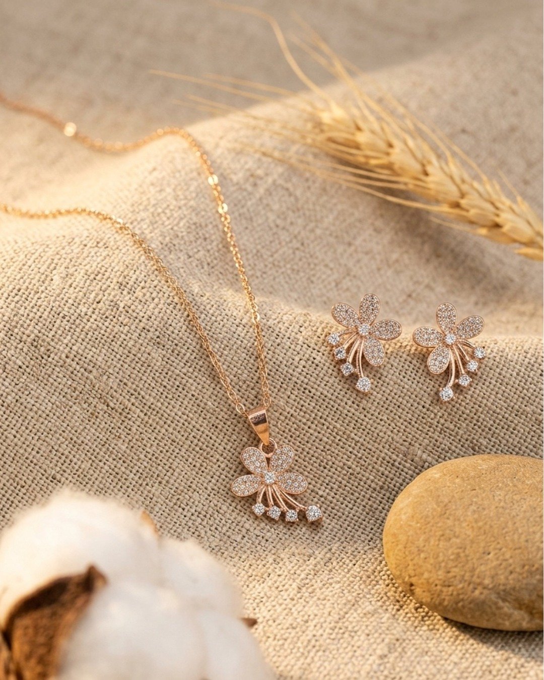 Rose Gold Floral Drop Pendant Set – 925 Sterling Silver