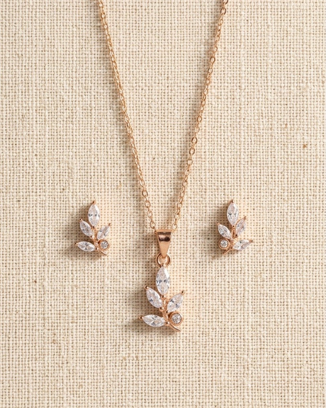 Rose Gold Leaf Sparkle Pendant Set – 925 Sterling Silver
