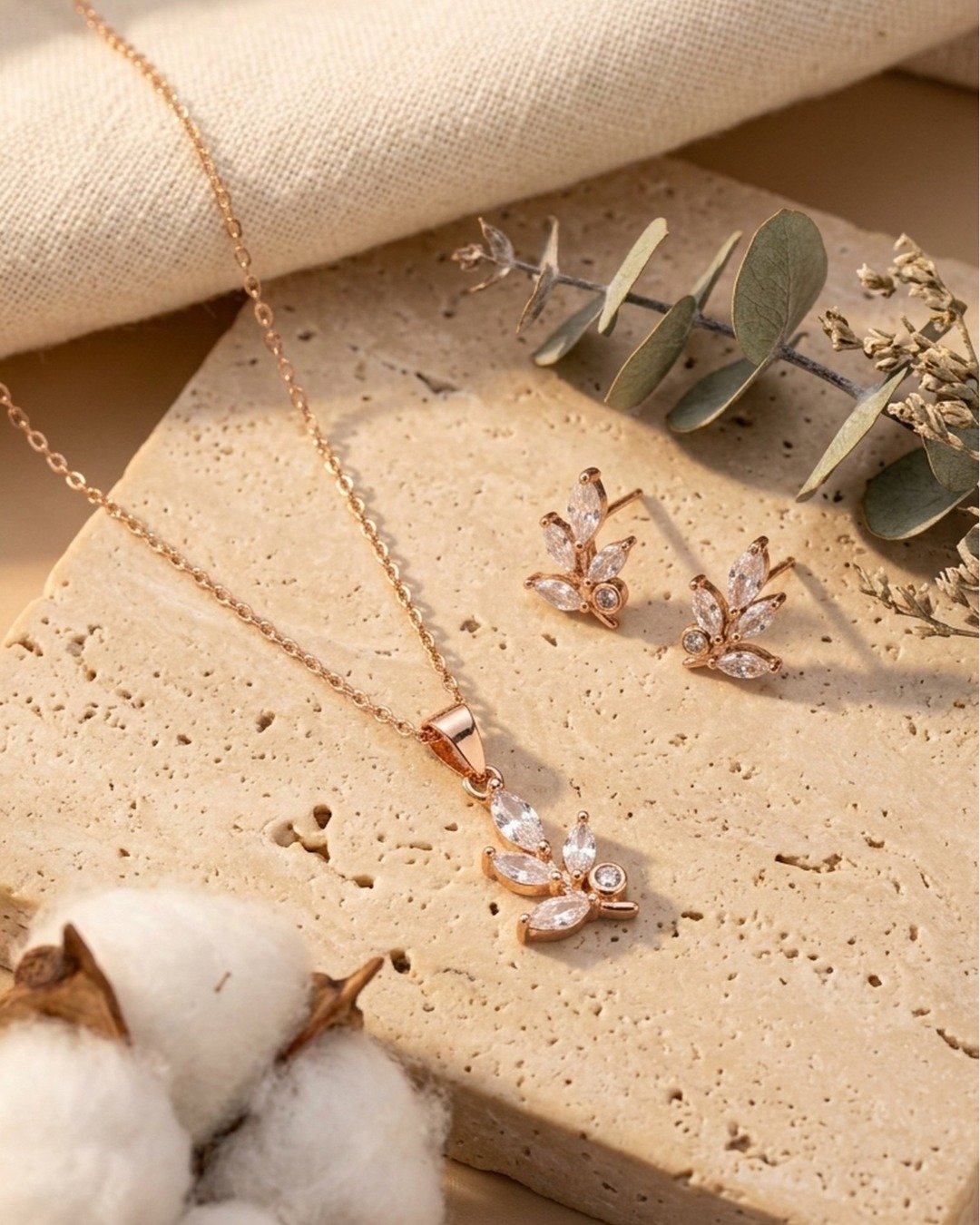 Rose Gold Leaf Sparkle Pendant Set – 925 Sterling Silver — view 4